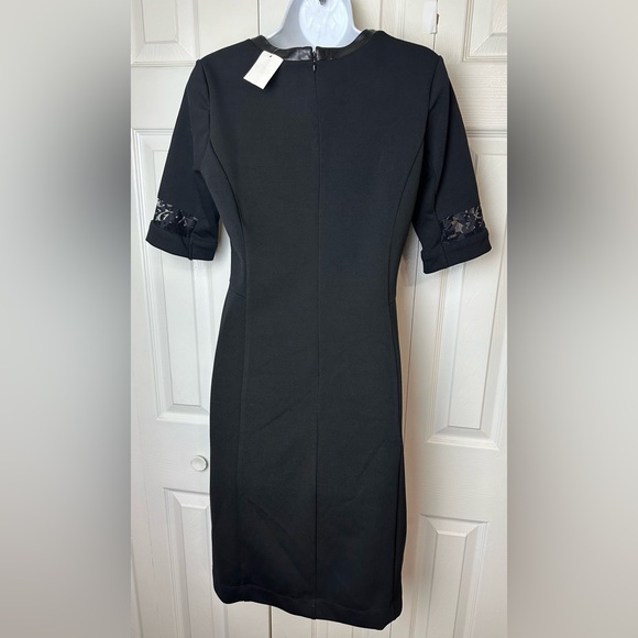 New TAYLOR Black Ponte Knit Sheath Dress Faux Leather Trim Lace Insets Shift - Picture 5 of 9
